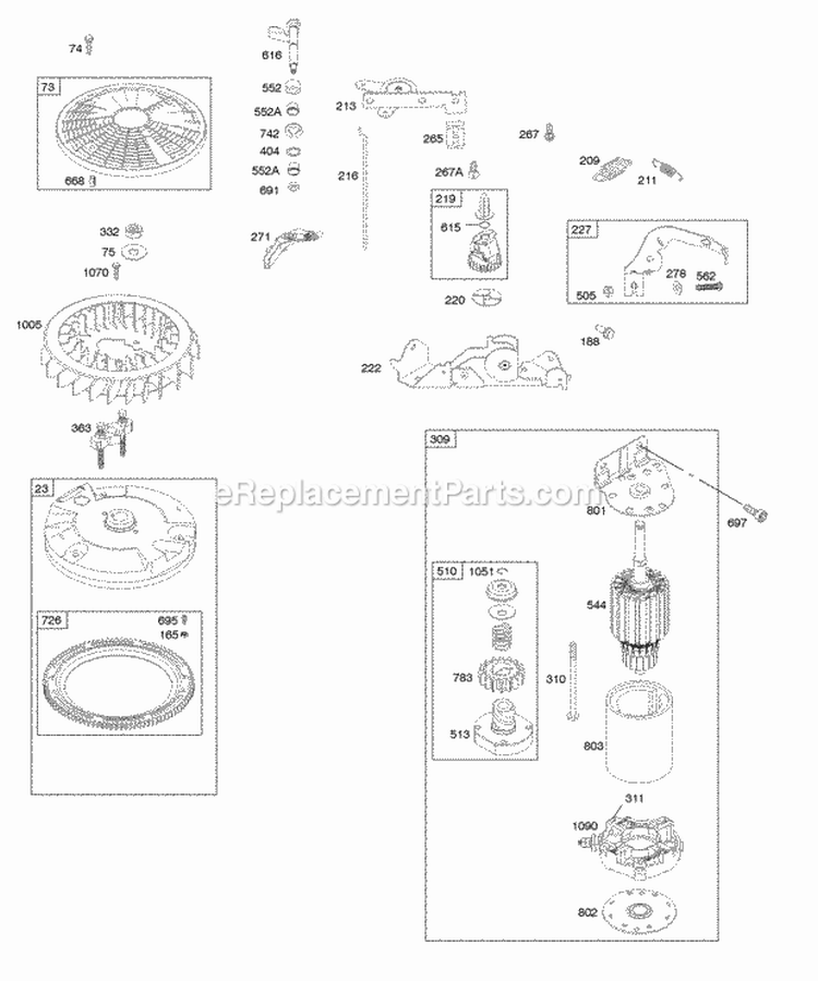 Controls Electric Starter Flywheel Diagram and Parts List for 446877-0025-E1  Briggs and Stratton Engine